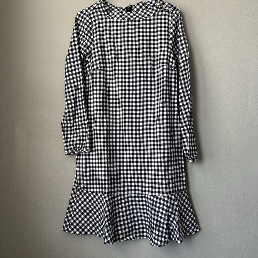 J.Crew Dress Women XXS Black Gingham Shift Ruffle Flannel Long Sleeve Rhinestone